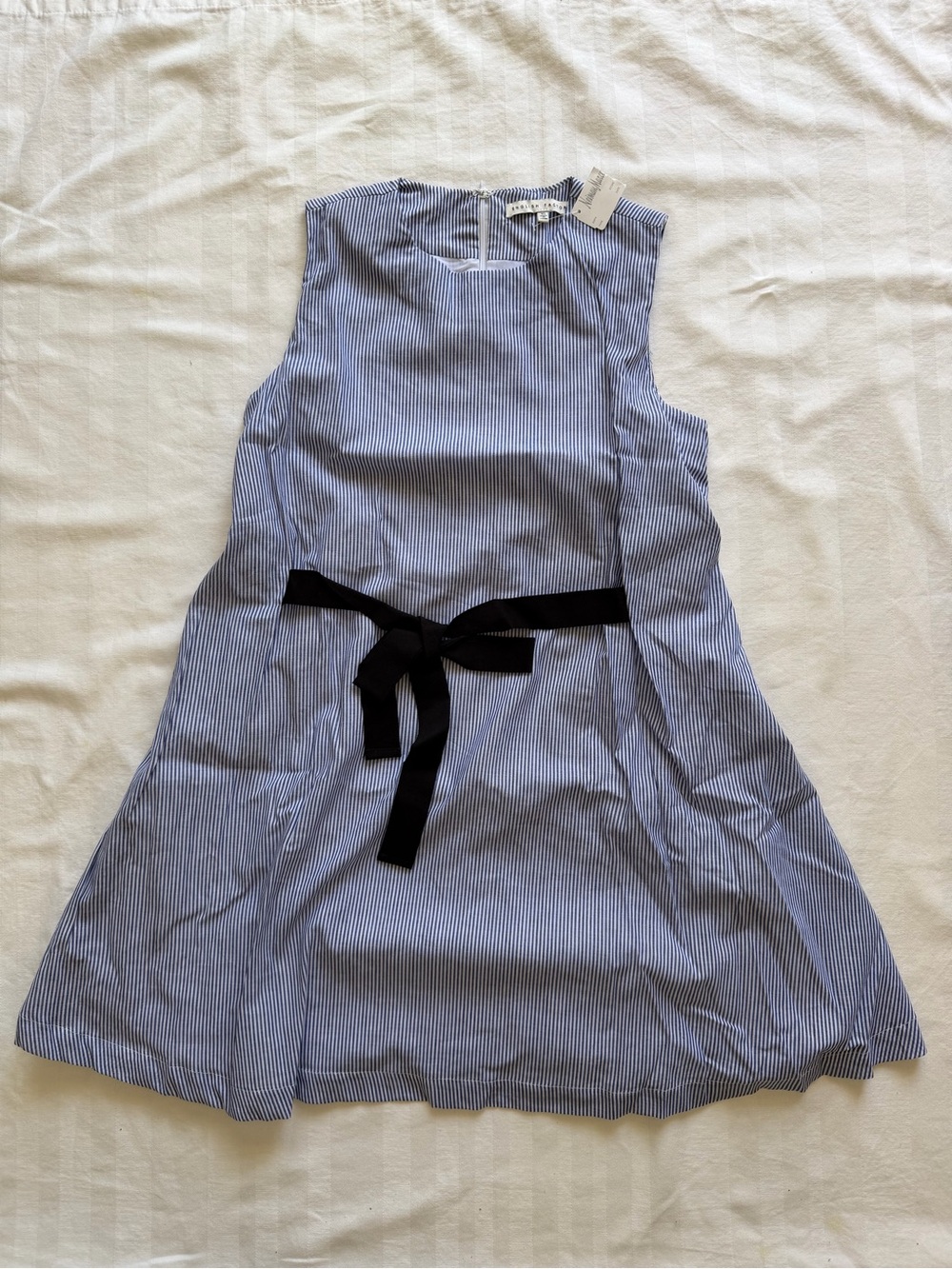 English Factory Blue Pinstripe Dress with Black Tie at Waist